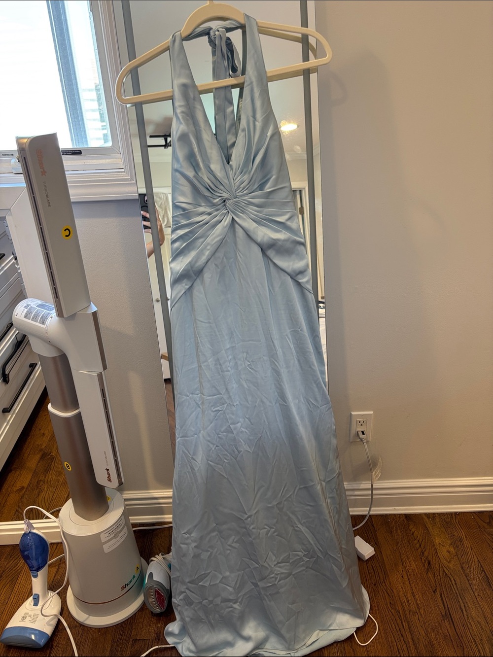 Light Blue Halter Twist-Front Satin Evening DressAZAZIE A2